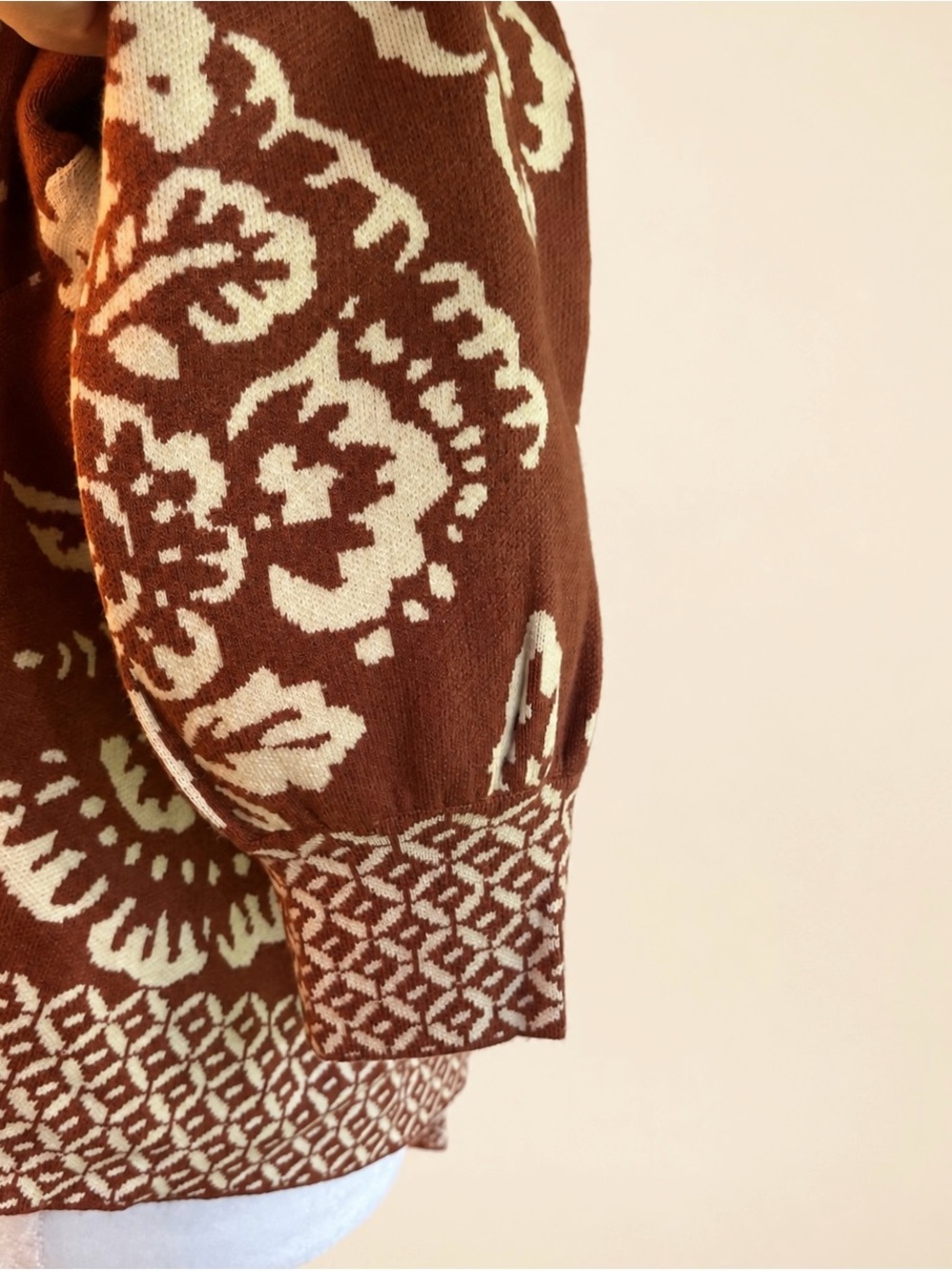 Rust and Cream Damask Inspired Jacquard Sweater Jacket - Medium - Picture 5 of 5